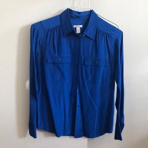 Royal blue silk button-down blouse